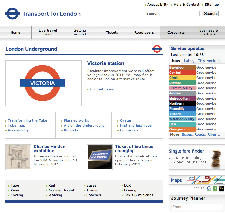 Transport for London’s home page.