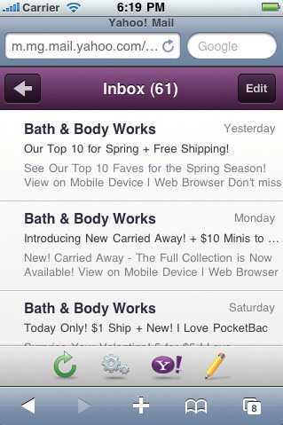 Bottom-fixed navigation menu on Yahoo! Mail’s mobile web experience.