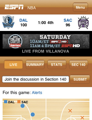 Navigation options in ESPN’s live game screen.