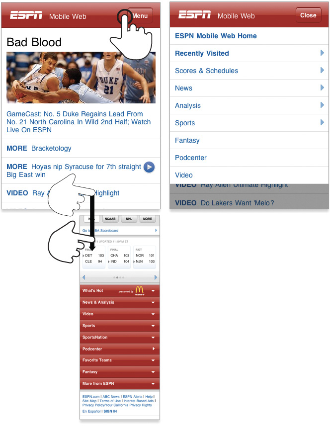 Navigation options in ESPN’s mobile web experience.