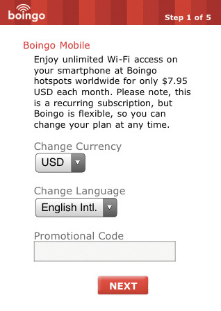 Step 1 of 5 in the original Boingo “Get Online” form.