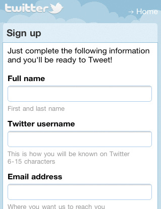 Twitter’s mobile sign-up form.