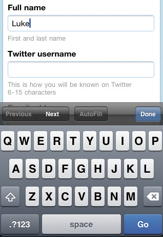 Twitter’s mobile sign-up form in use.