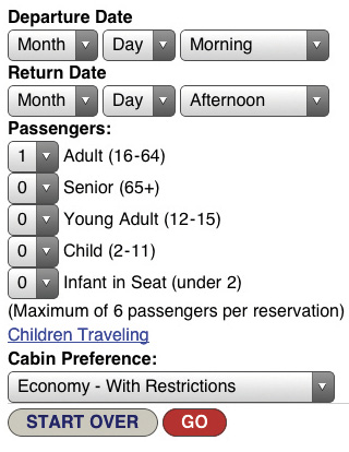 Select menu in American Airlines’ mobile web experience.