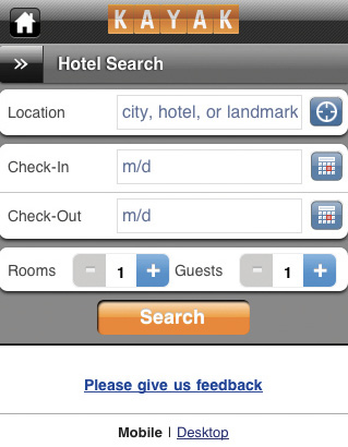 Kayak’s mobile hotel booking form.